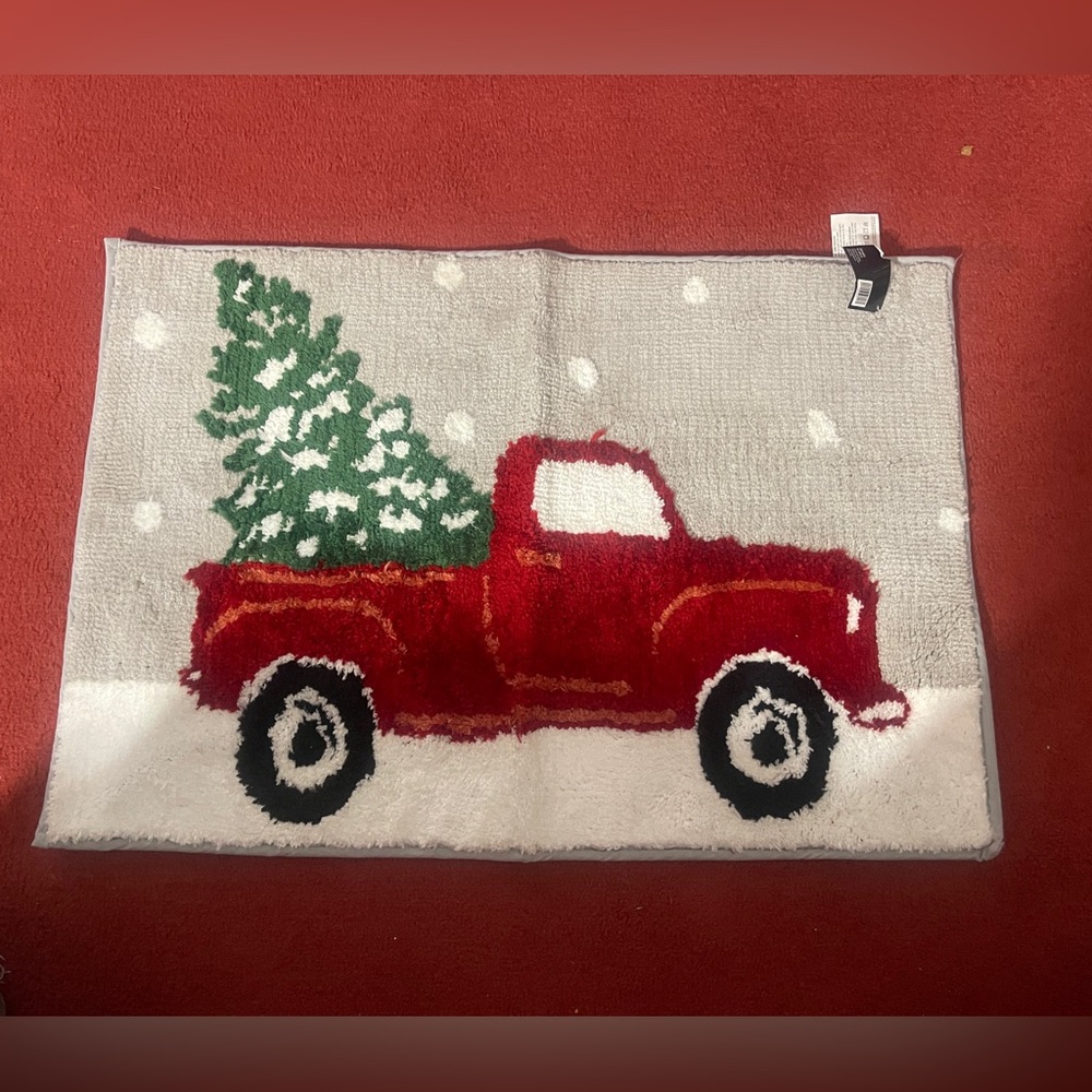 Festive Red Truck Rug with Christmas Tree